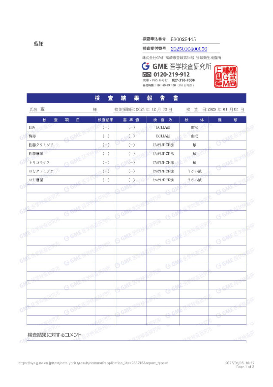 藍の性病検査証明書